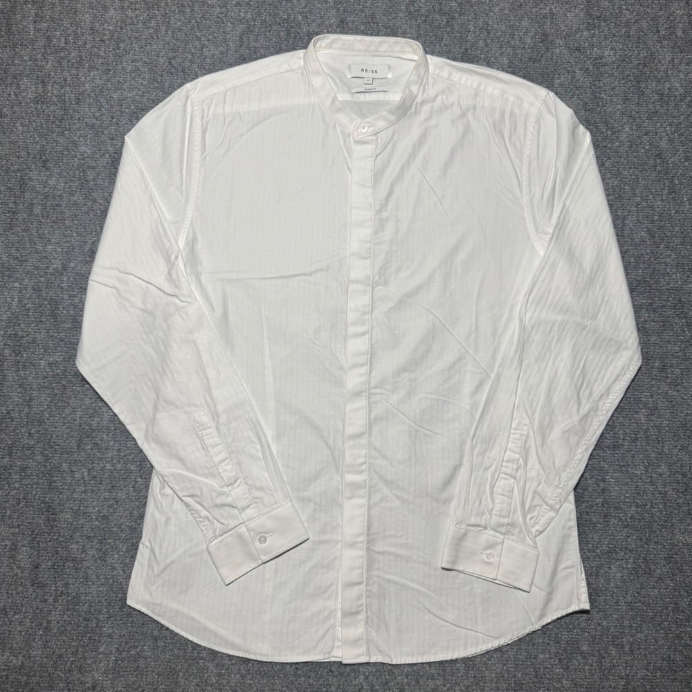 Reiss Mens Shaka Slim Fit Band Collar Shirt White XL Textured Stripe